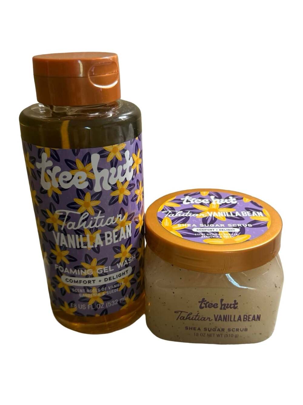 Tree Hut Tahitian Vanilla Bean 2 Body Scrubs & Foaming Gel Wash 18 Oz Bundle
